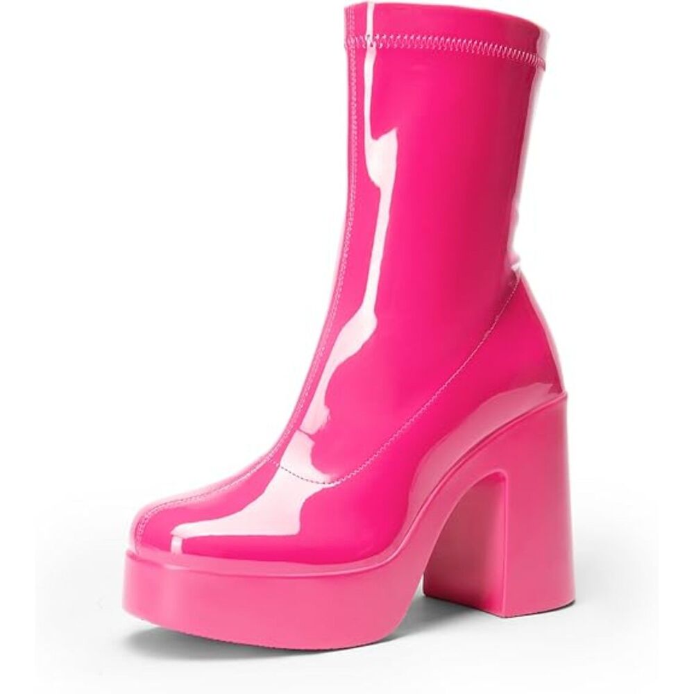 Women's Hot Pink High Chunky Block Heel Square Toe Platform Gogo Ankle Boots